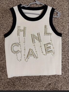 White Sleeveless Rhinestone 'HNWG' Tank Top with Black Trim